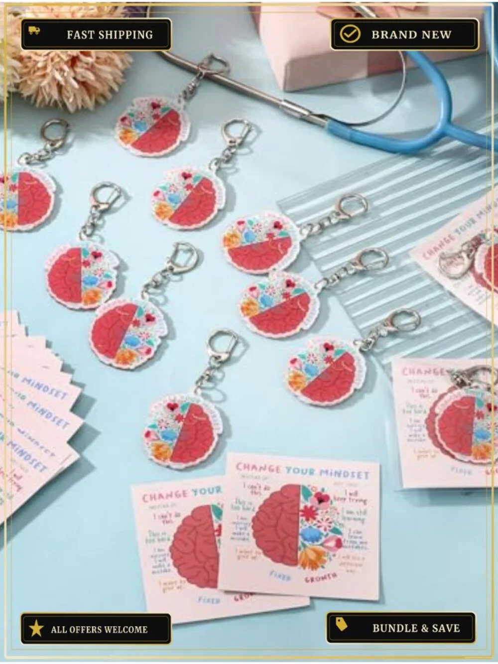Set of 100 Growth Mindset Acrylic Keychains with Motivational Cards for